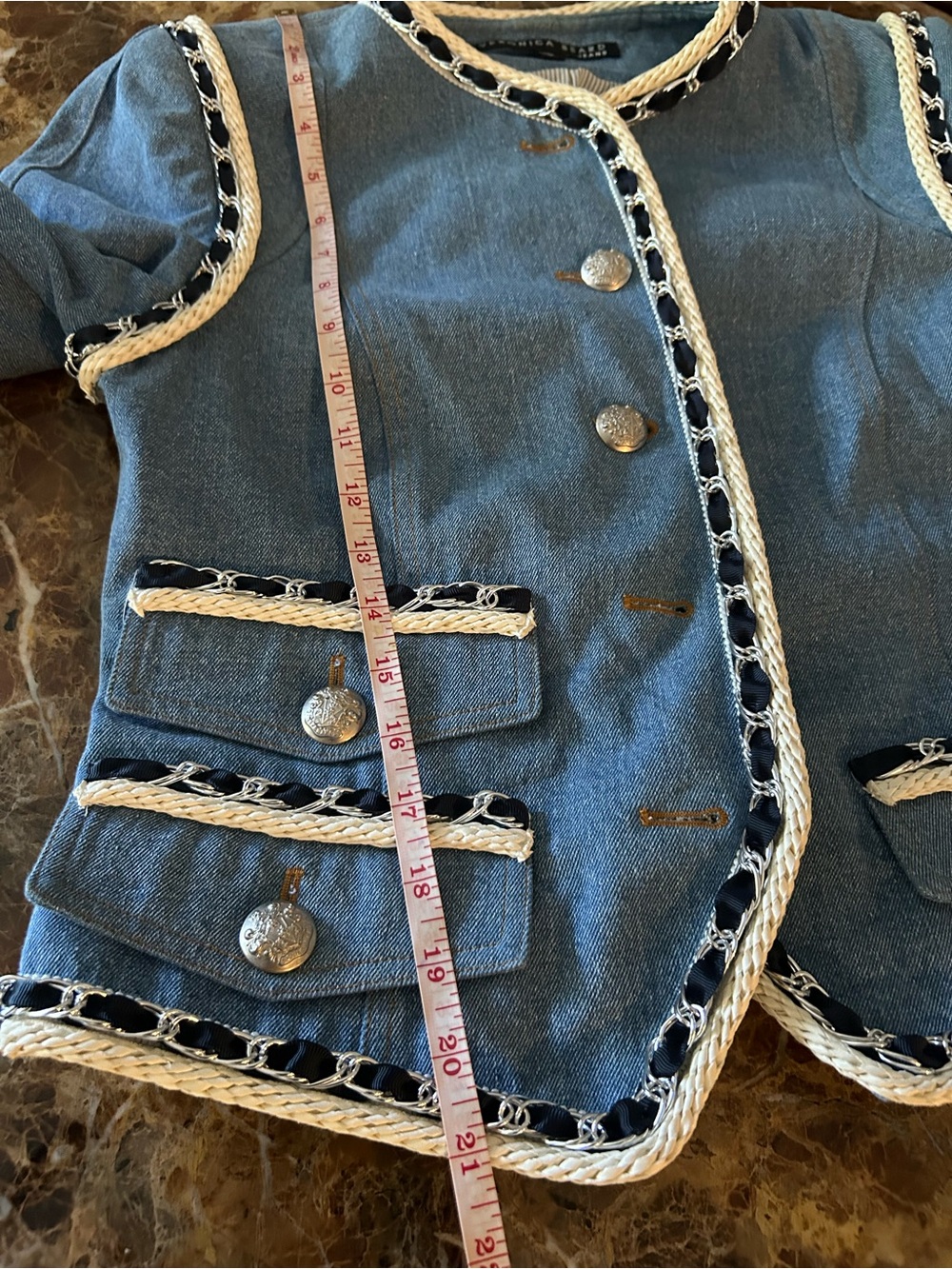 Veronica Beard Milla Jean Blue Tweed-Trim Denim Jacket - Picture 6 of 9